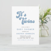 Blue Groovy Retro Boy Twins Minimal Baby Shower 招待状 (スタンド正面)