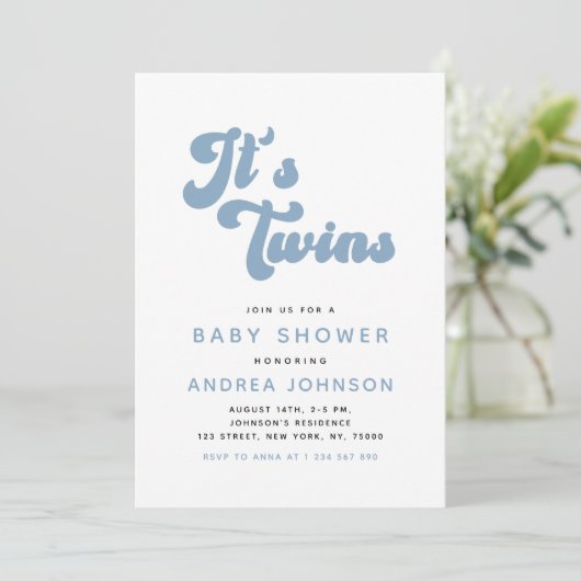 Blue Groovy Retro Boy Twins Minimal Baby Shower 招待状 (スタンド正面)