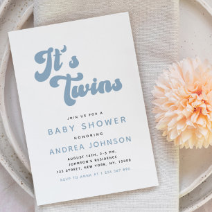 Blue Groovy Retro Boy Twins Minimal Baby Shower 招待状