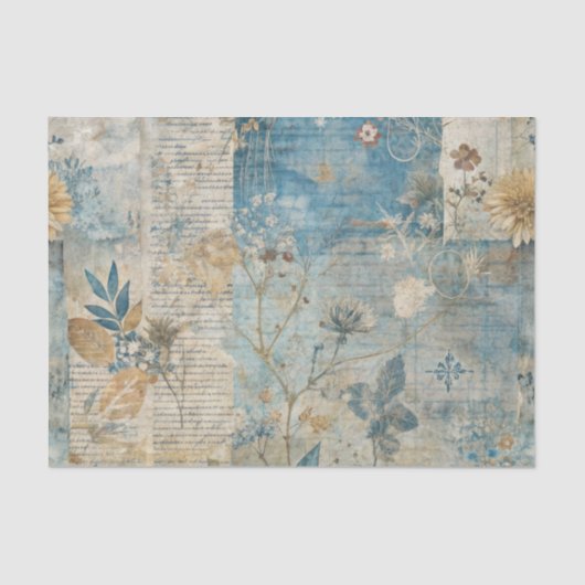 Blue Grungy Distressed Floral Ephemera Collage 薄葉紙 (正面)