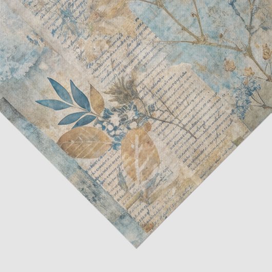 Blue Grungy Distressed Floral Ephemera Collage 薄葉紙 (詳細)