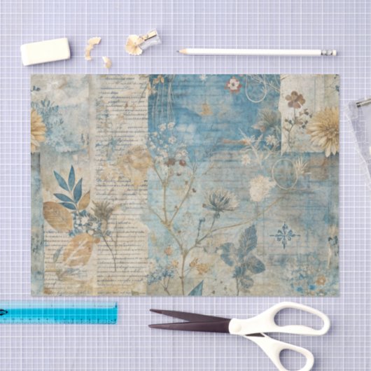 Blue Grungy Distressed Floral Ephemera Collage 薄葉紙 (クラフト)