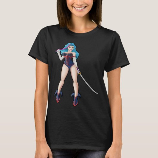Blue Hair Girl with Katana Sword Tシャツ (正面)