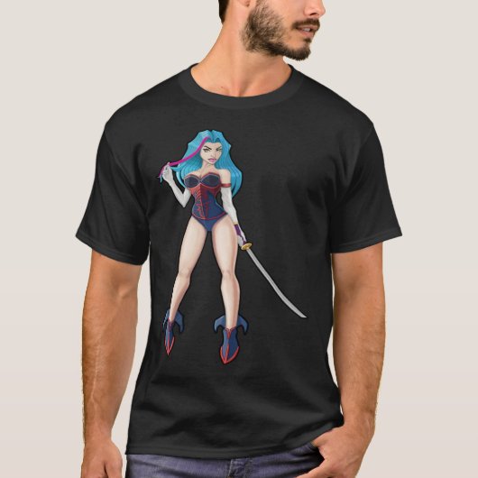 Blue Hair Girl with Katana Sword Tシャツ (正面)