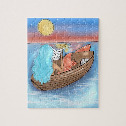 Blue Hair Mermaid Reading On A Boat Puzzle ジグソーパズル (縦)