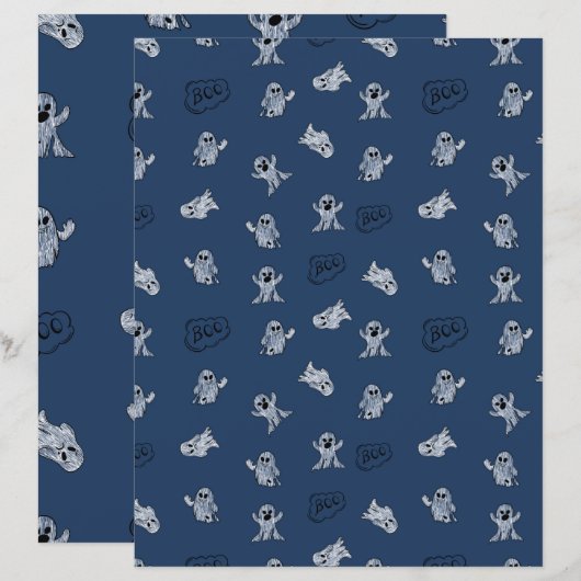 Blue Halloween Boo Ghost Pattern Scrapbook Paper (正面/裏面)