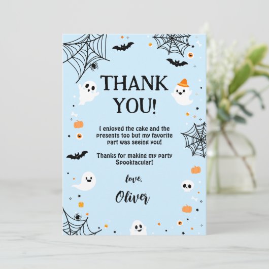 Blue Halloween Cute Ghost サンキューカード (スタンド正面)