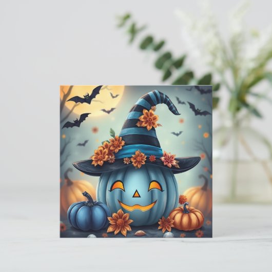Blue Halloween Pumpkin & Coloring Page Personalize カード (スタンド正面)