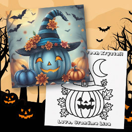 Blue Halloween Pumpkin & Coloring Page Personalize カード