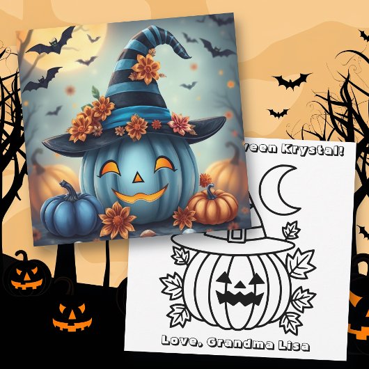 Blue Halloween Pumpkin & Coloring Page Personalize カード