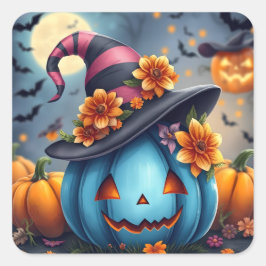Blue Halloween Pumpkin Jack-o-lantern スクエアシール
