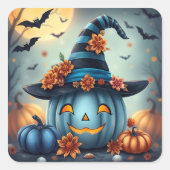 Blue Halloween Pumpkin Jack-o-lantern スクエアシール (正面)