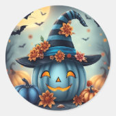 Blue Halloween Pumpkin Jack-o-lantern ラウンドシール (正面)