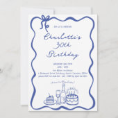 BLUE Hand Drawn 30th Birthday Invitation 招待状 (正面)