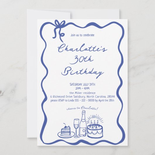 BLUE Hand Drawn 30th Birthday Invitation 招待状 (正面)