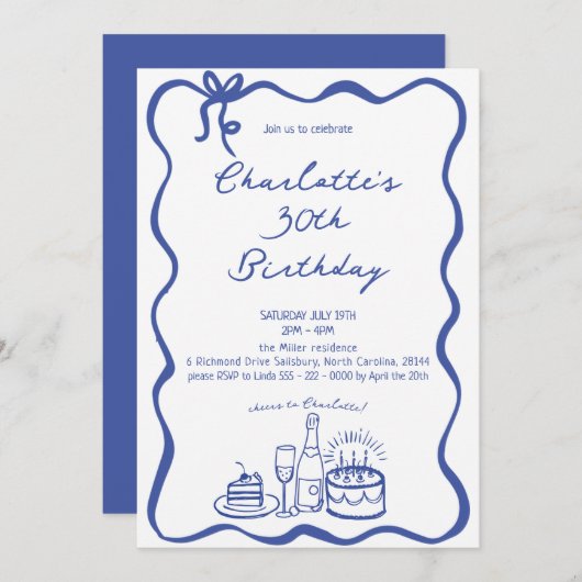 BLUE Hand Drawn 30th Birthday Invitation 招待状 (正面/裏面)