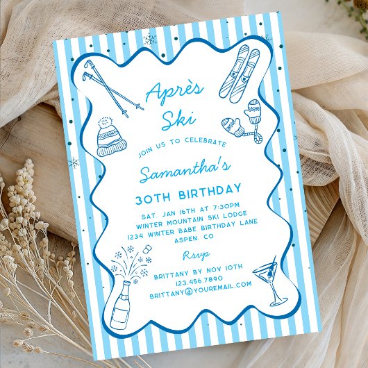 Blue Hand Drawn Apres Ski Winter Birthday Party  招待状
