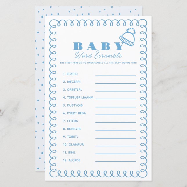 Blue Hand-Drawn Beanie Boy Baby Word Scramble (正面/裏面)