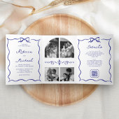 Blue Hand Drawn Bow QR Code Photo Wedding 三つ折り招待状