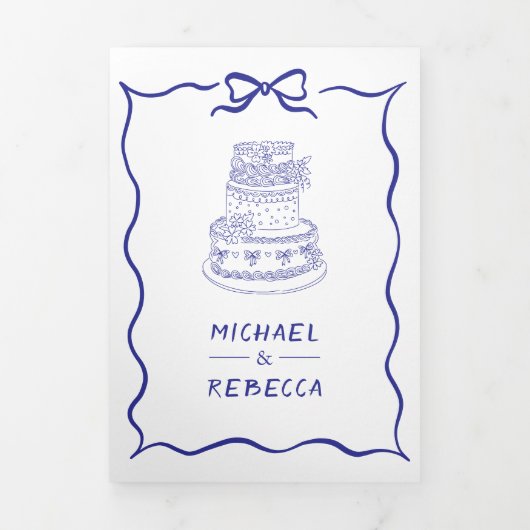 Blue Hand Drawn Bow QR Code Photo Wedding 三つ折り招待状 (カバー)