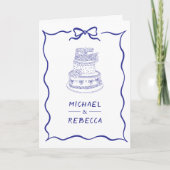 Blue Hand Drawn Bow QR Code Photo Wedding 招待状 (正面)