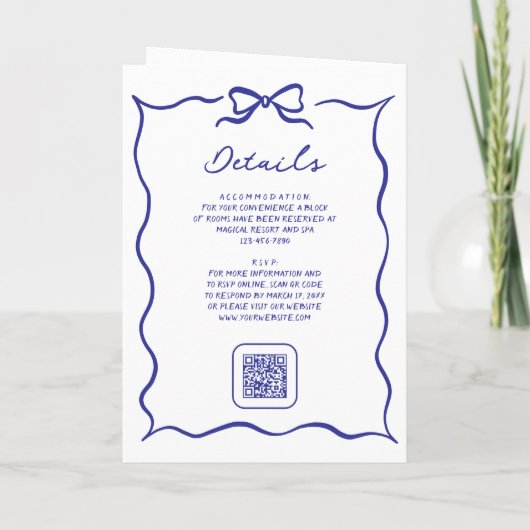 Blue Hand Drawn Bow QR Code Photo Wedding 招待状 (裏面)