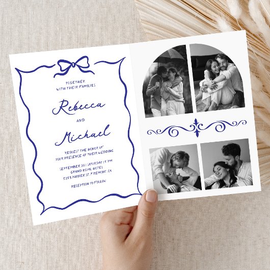 Blue Hand Drawn Bow QR Code Photo Wedding 招待状