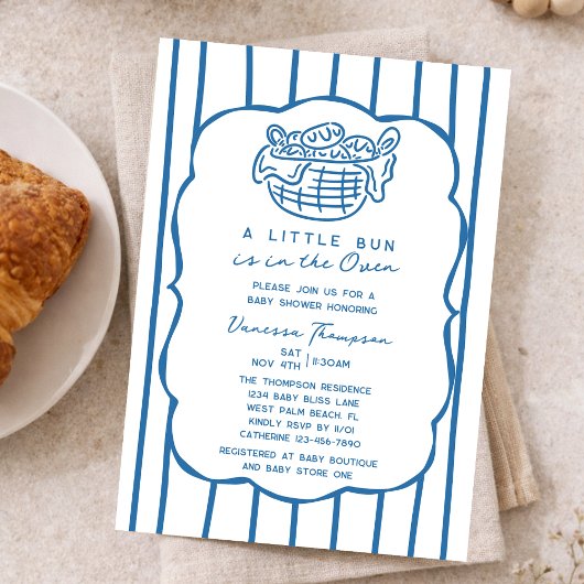 Blue Hand Drawn Bun In The Oven Boy Baby Shower 招待状