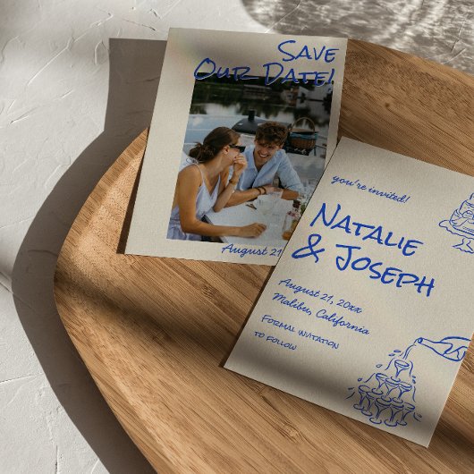 Blue Hand Drawn Champagne Tower Cake Photo Wedding セーブザデート