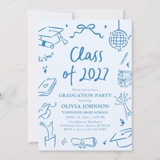 Blue Hand Drawn Class of 2027 Graduation Party 招待状 (正面)