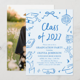 Blue Hand Drawn Class of 2027 Graduation Party 招待状