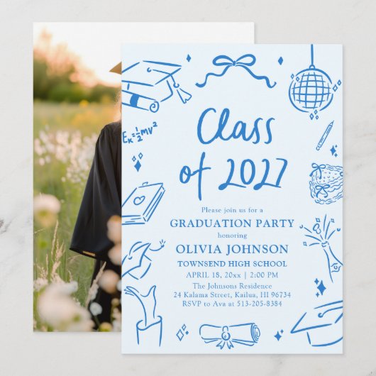 Blue Hand Drawn Class of 2027 Graduation Party 招待状 (正面/裏面)