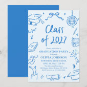 Blue Hand Drawn Class of 2027 Graduation Party 招待状 (正面/裏面)