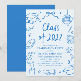 Blue Hand Drawn Class of 2027 Graduation Party 招待状