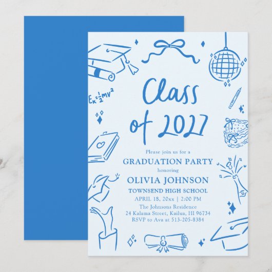 Blue Hand Drawn Class of 2027 Graduation Party 招待状 (正面/裏面)