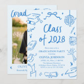 Blue Hand Drawn Class of 2028 Graduation Party 招待状 (正面/裏面)
