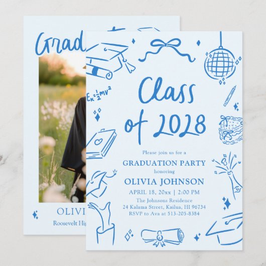 Blue Hand Drawn Class of 2028 Graduation Party 招待状 (正面/裏面)