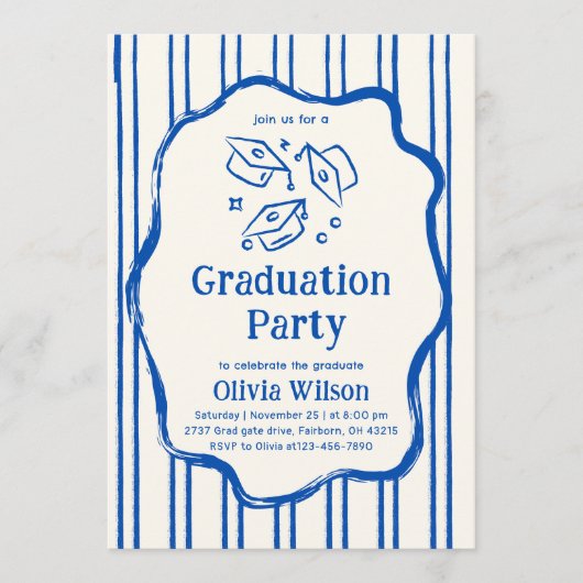 Blue Hand Drawn Doodle Graduation Party 招待状 (正面)