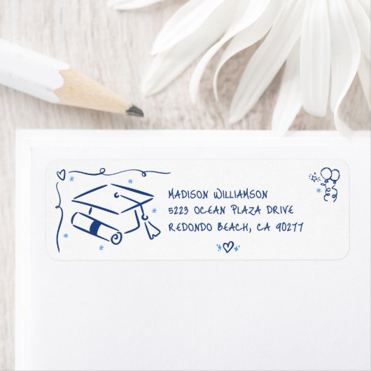 Blue Hand Drawn Doodles Graduate Cap White Address ラベル (インサイチュ)