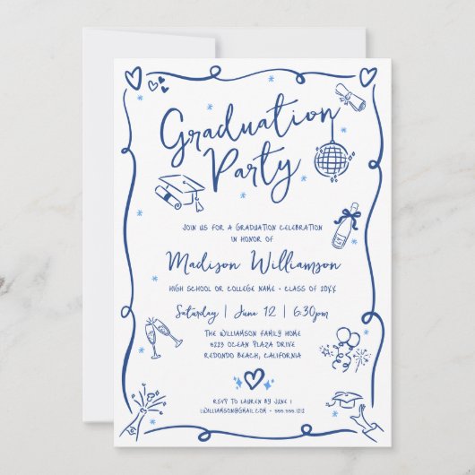 Blue Hand Drawn Doodles Graduation Fun White Party 招待状 (正面)