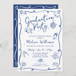 Blue Hand Drawn Doodles Graduation Fun White Party 招待状