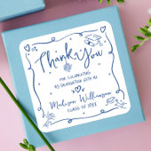 Blue Hand Drawn Doodles Graduation Thank You White スクエアシール