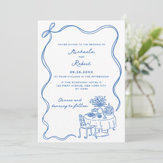 Blue Hand Drawn Doodles Non-Photo Wedding 招待状 (スタンド正面)