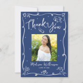 Blue Hand Drawn Doodles Photo Graduation Quirky サンキューカード (正面)