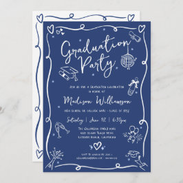 Blue Hand Drawn Doodles Style Fun Graduation Party 招待状