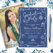 Blue Hand Drawn Doodles Style Photo Graduate Party 招待状
