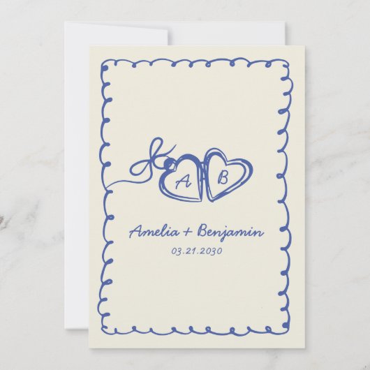 Blue hand drawn heart Whimsical Wedding  Invitati 招待状 (裏面)