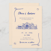 Blue Hand Drawn Sketch Venue 結婚's 招待状 (正面/裏面)