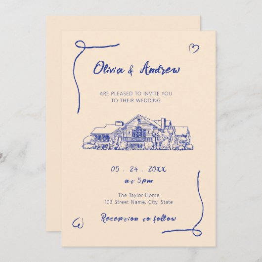 Blue Hand Drawn Sketch Venue 結婚's 招待状 (正面/裏面)