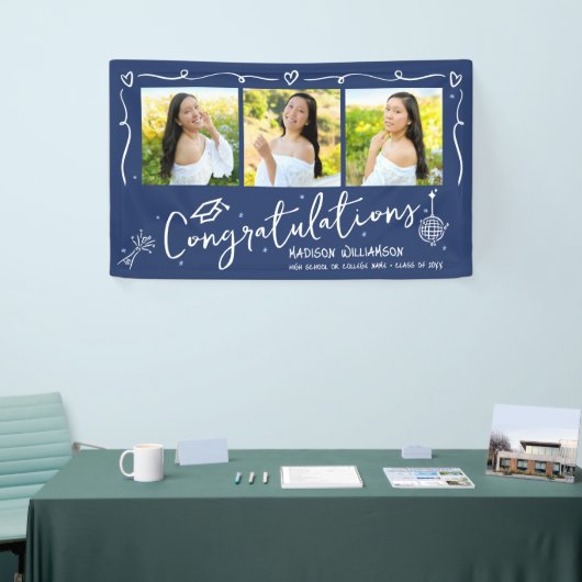 Blue Hand Drawn Style Doodles Graduation 3 Photo 横断幕 (トレードショー)